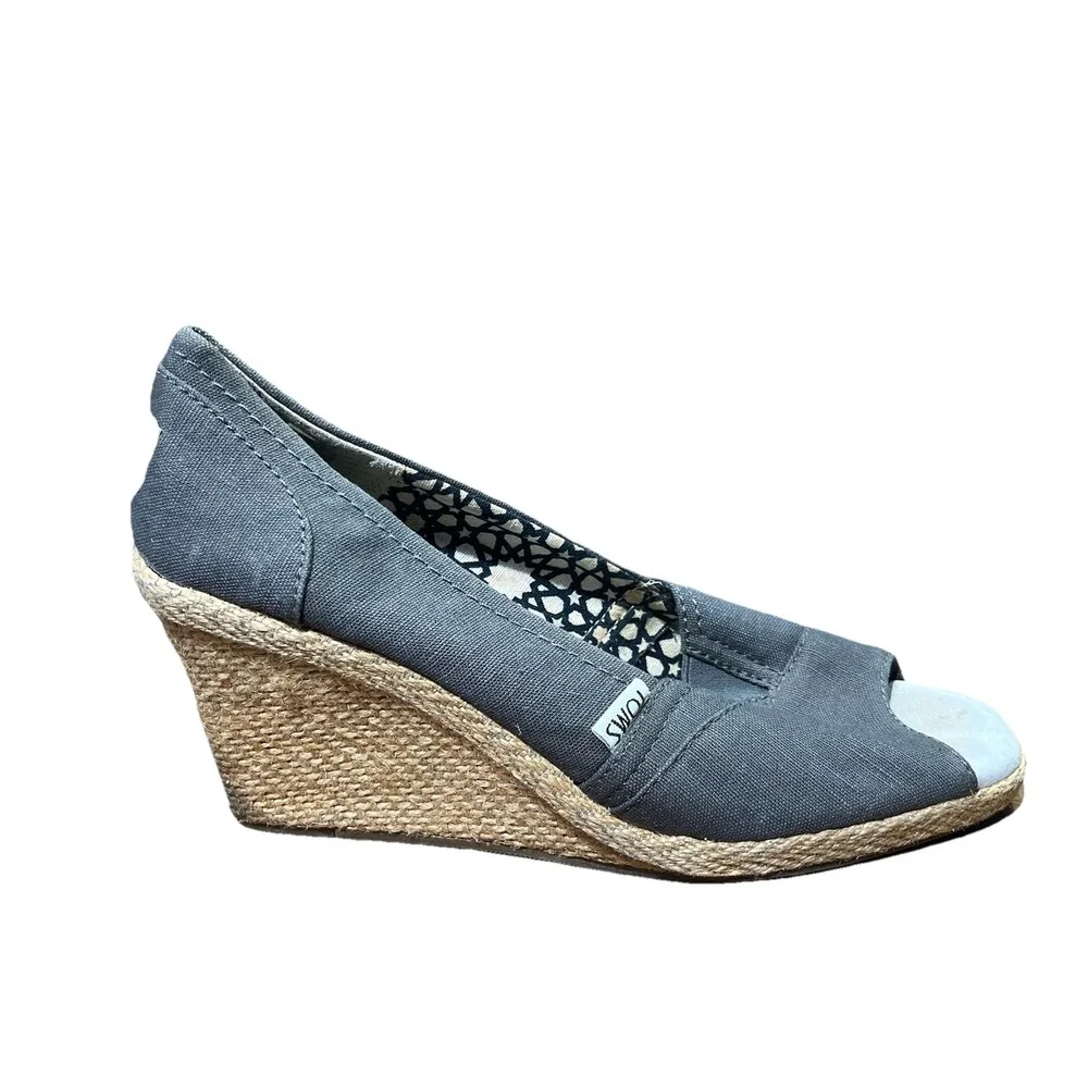 Toms Calypso Espadrille Platform Wedge Brown Canvas Peep Toe‎ Shoes Pumps Size 9